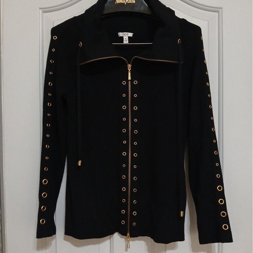 Cache Full Zip Gold Rhinestone Embellished 2 Way Zip Sweater S Money Boutique